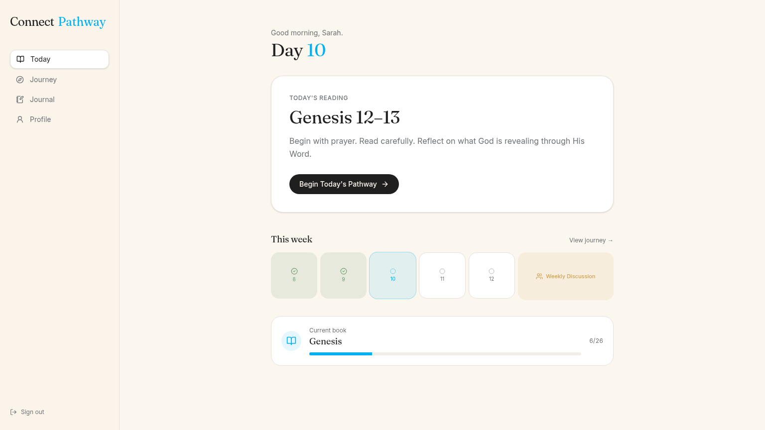 Connect Pathway Today dashboard showing the day's reading