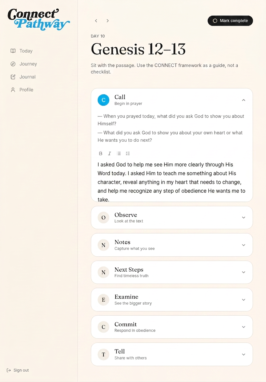 CONNECT journal showing the seven sections